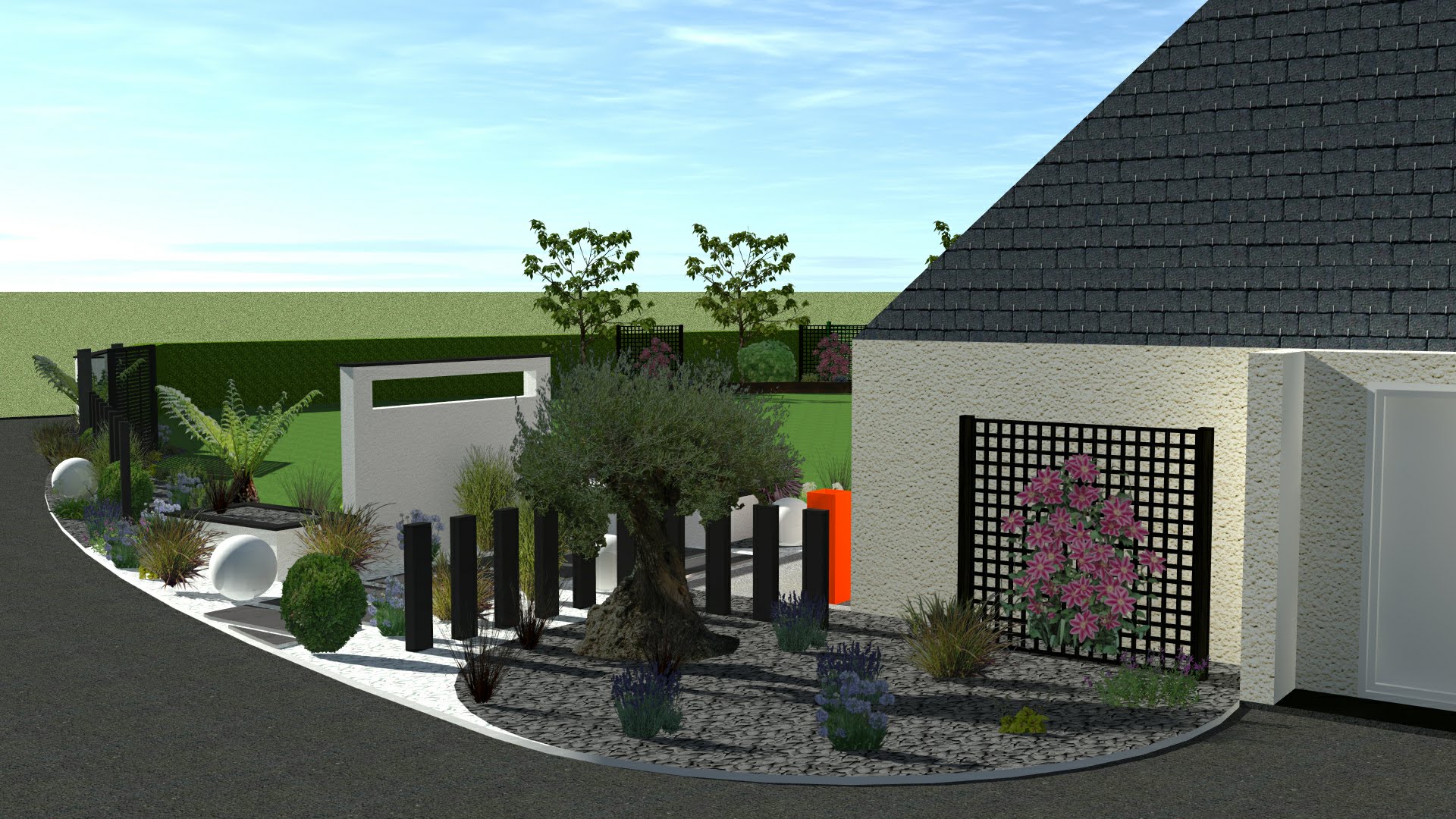 Aménagement jardin, aménagement terrasse, pose clôtures, création massif, paysagiste breton, paysagiste morbihan, bouix paysage